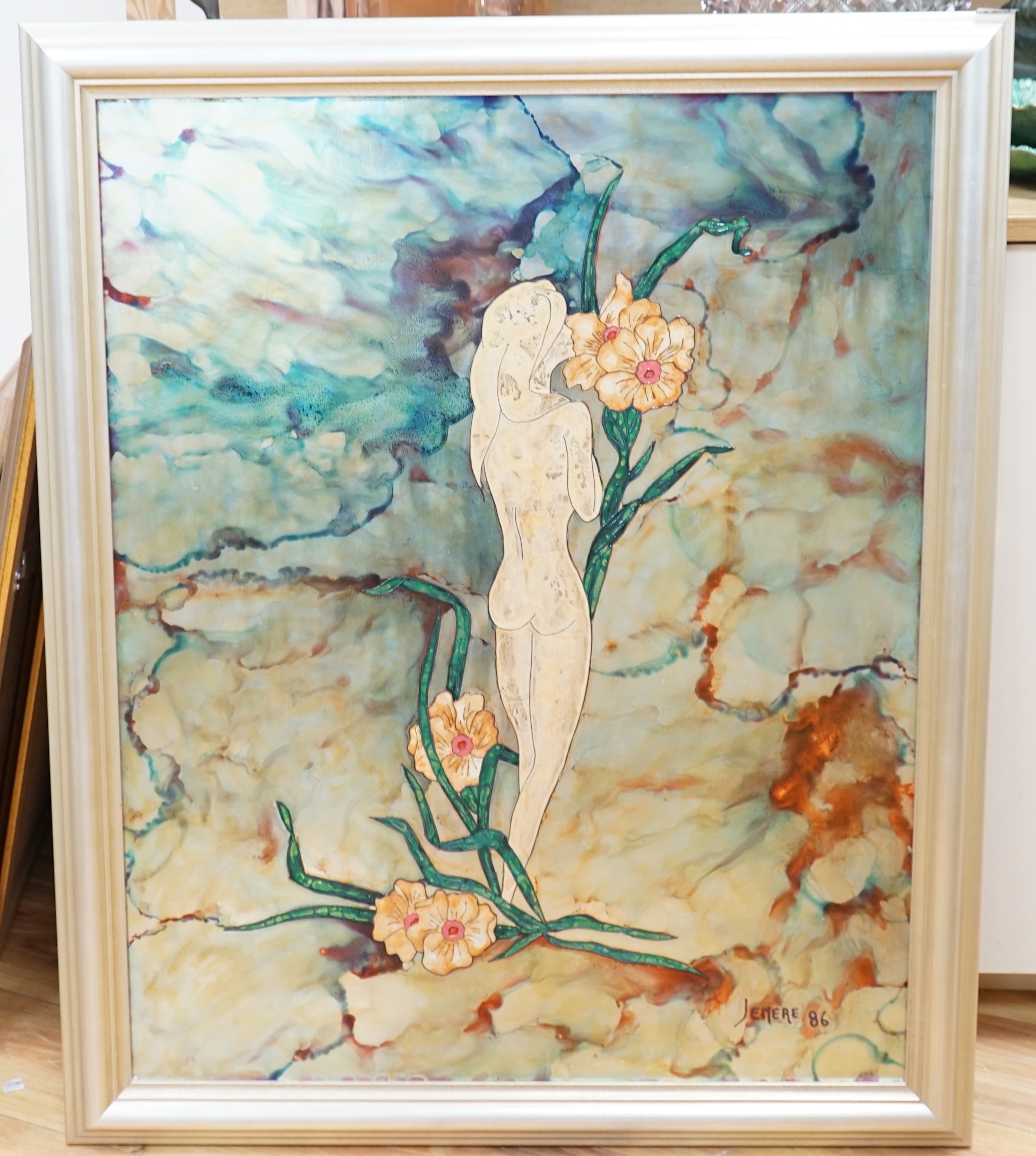 Jean-Philippe Jenere (French, b.1934), painted metal panel, Art Nouveau style nude female with flowers, signed and dated '86, inscribed verso, 85 x 63cm. Provenance: Purchased Bangkok 1987